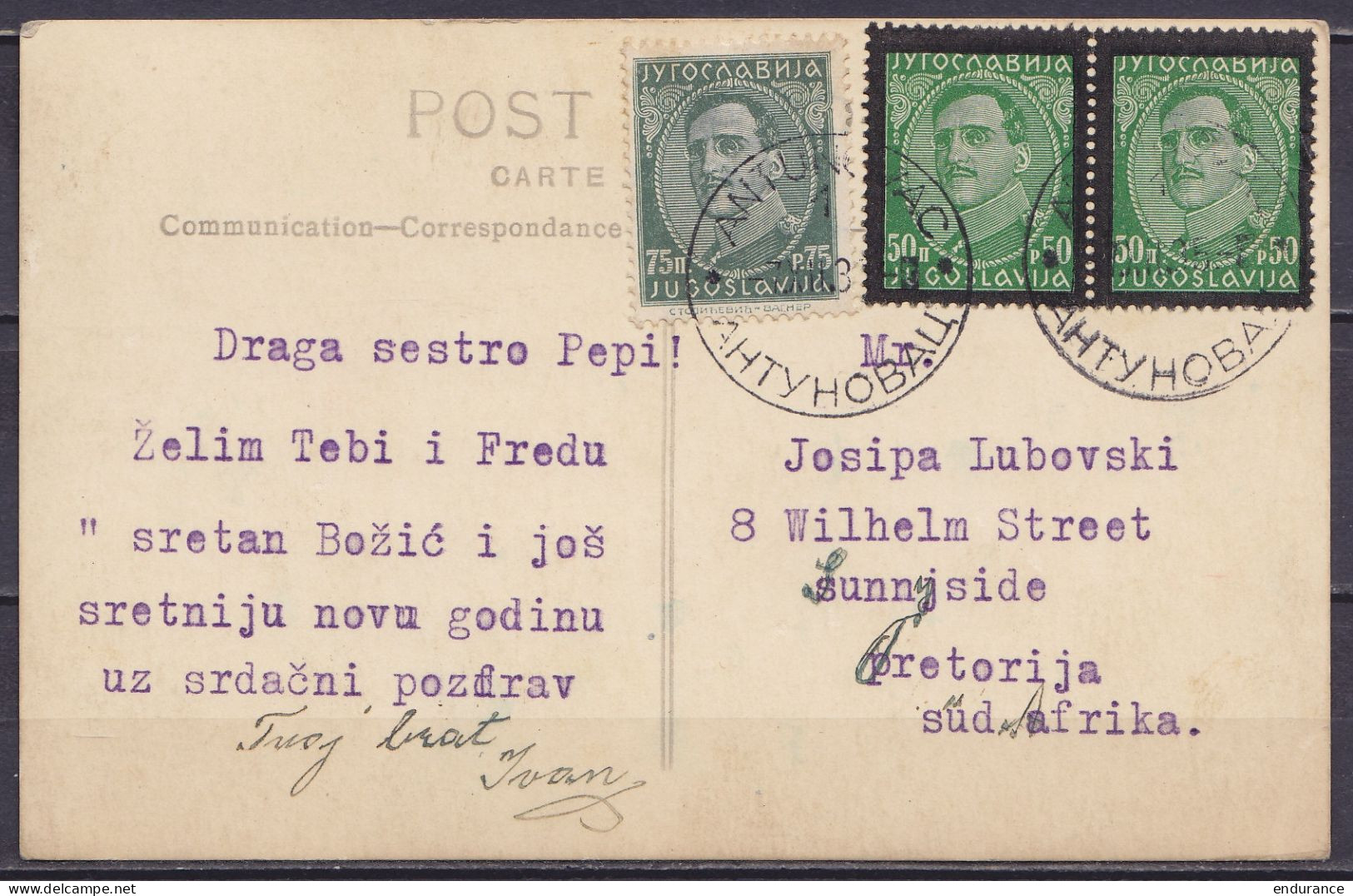 Yougoslavie - Carte-photo Affr. 175p Càd "ANTUNOVAC /-7.XII.1935 Pour PRETORIA Afrique Du Sud - Storia Postale