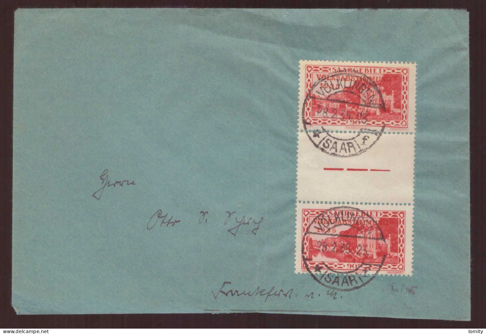 Sarre Lettre Brief Cover Letter N°186 Y&T Paire Centrale Avec Pont Cachet 1935 Zwischenstegpaar Michel N°188 - Covers & Documents