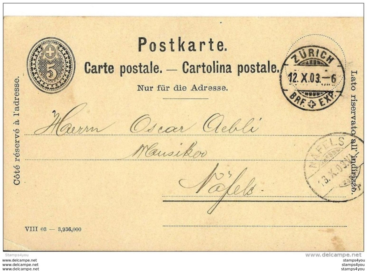 4 - 65 - Entier Postal 5cts - Cachets à Date De Zürich Et Näfels 1903 - Ganzsachen