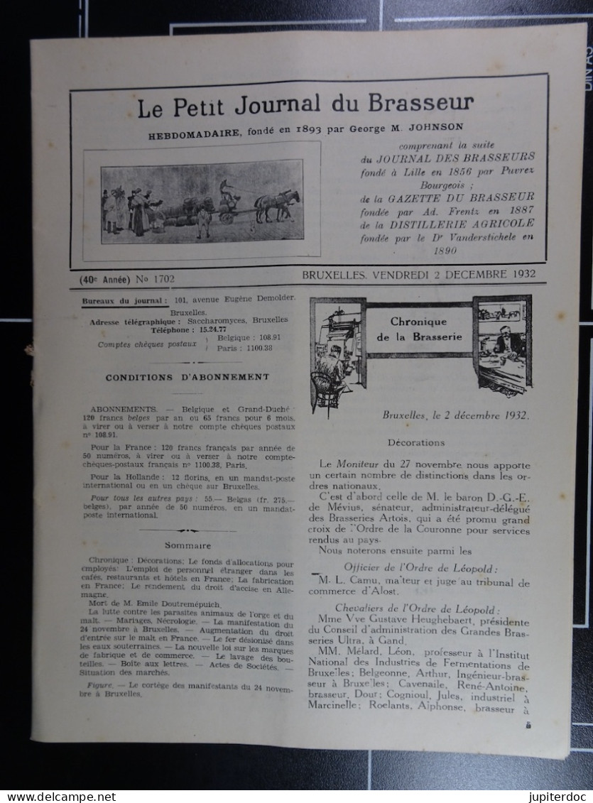 Le Petit Journal Du Brasseur N° 1702 De 1932 Pages 1294 à 1324 Brasserie Belgique Bières Publicité Matériel Brassage - 1900 - 1949