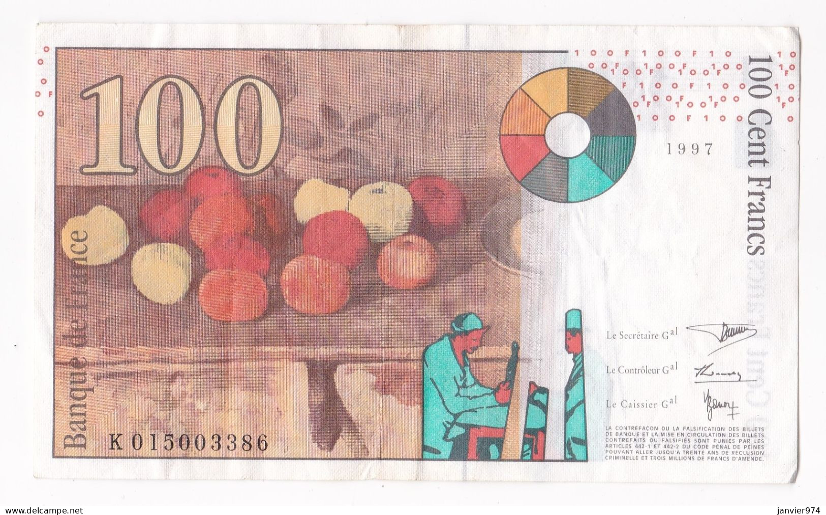 100 Francs Cézanne 1997, Alphabet : K 015003386 , Tres Beau Billet - 100 F 1997-1998 ''Cézanne''