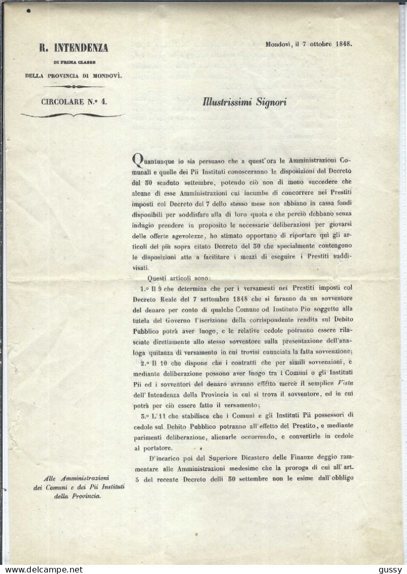ITALIE Préphilatélie 1848: LAC Officielle De Mondovi Pour Lamparate En Franchise - 1. ...-1850 Vorphilatelie