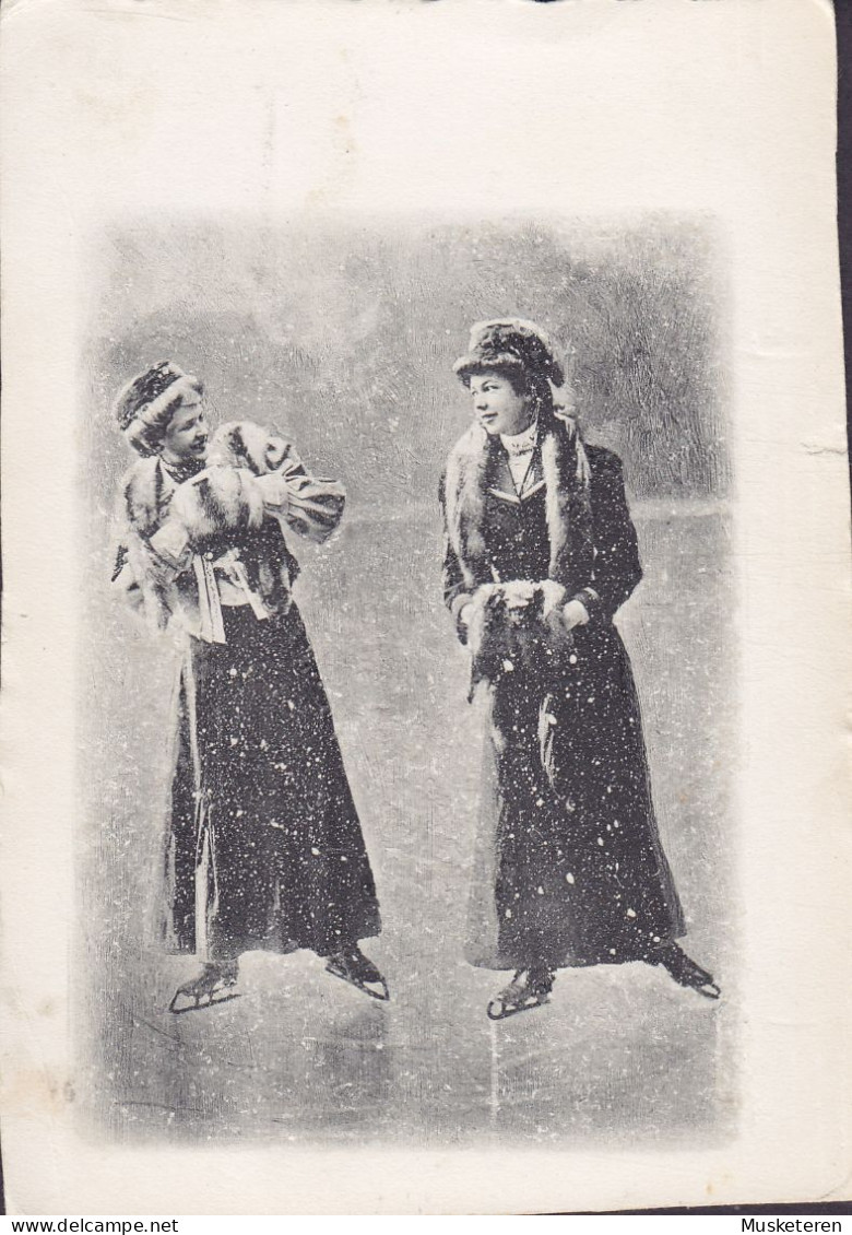 Denmark? PPC Women Iceskating W. Glued Snow Crystals 190? Written In Danish (2 Scans) - Deportes De Invierno