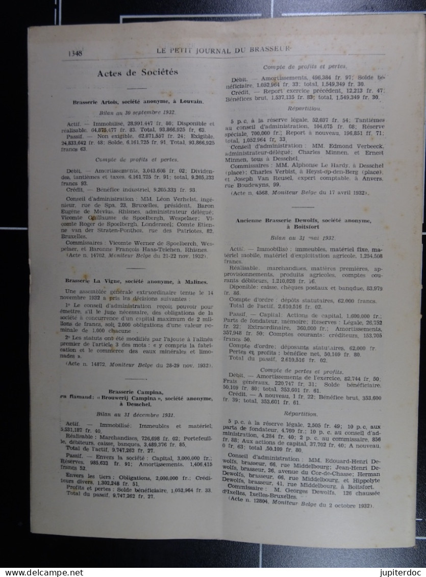 Le Petit Journal Du Brasseur N° 1703 De 1932 Pages 1326 à 1348 Brasserie Belgique Bières Publicité Matériel Brassage - 1900 - 1949