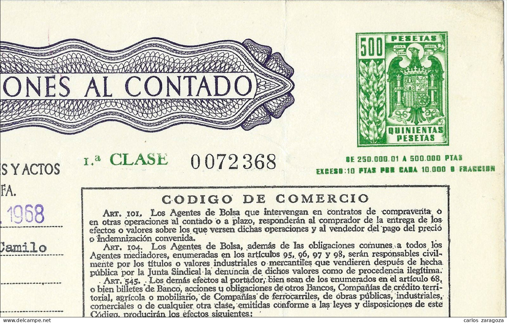 Póliza De OPERACIONES AL CONTADO—Timbre 1a Clase 500 Ptas—Timbrología—Entero Fiscal 1968 - Fiscale Zegels