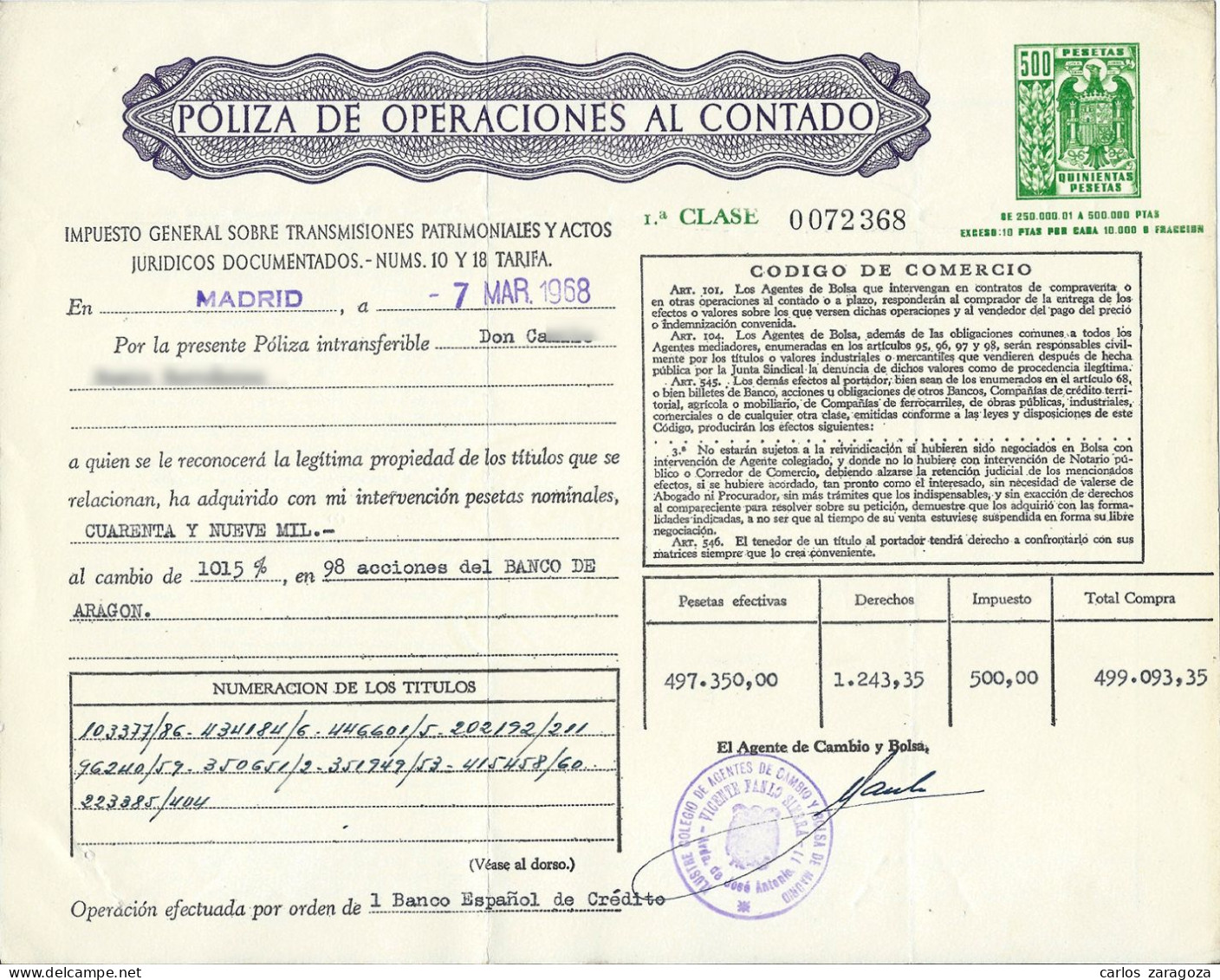 Póliza De OPERACIONES AL CONTADO—Timbre 1a Clase 500 Ptas—Timbrología—Entero Fiscal 1968 - Steuermarken