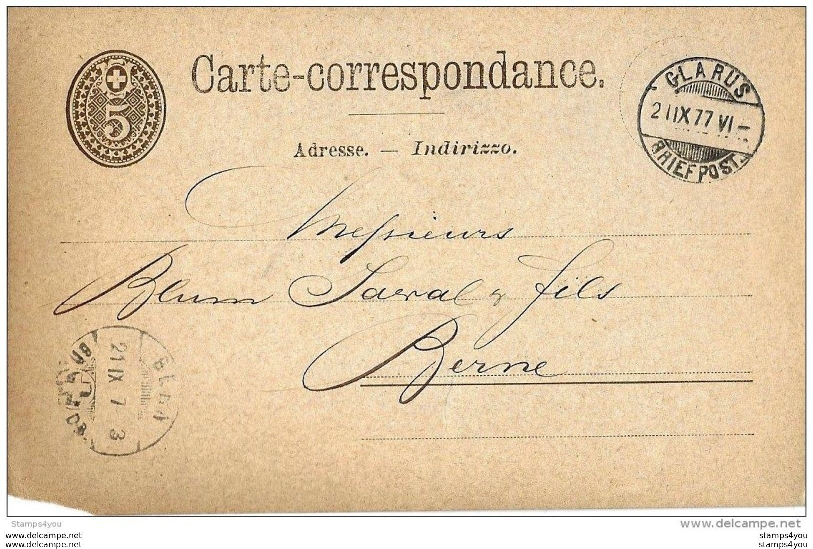 22-61 - Entier Postal Avec Cachet à Date De Glarus 1877 - Attention Coin Coupé En Bas à Gauche - Ganzsachen