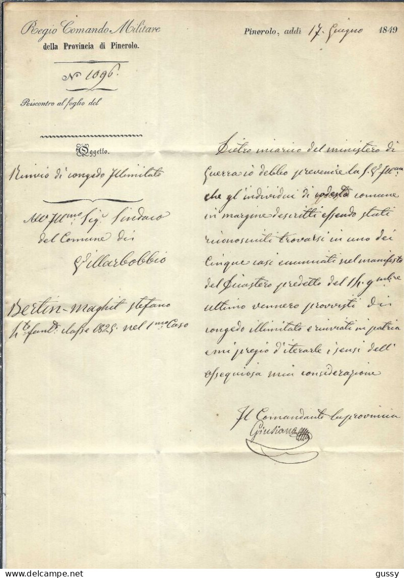 ITALIE Préphilatélie 1849: LAC Officielle De Pinerolo Pour Villarbobbio En Franchise - ...-1850 Préphilatélie