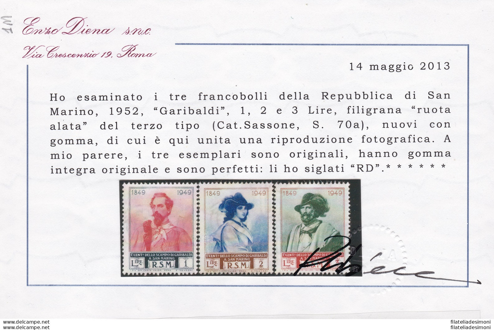 1949 SAN MARINO, N° 358/I-360/I , 3 Valori Filigrana Ruota III , MNH** Certific - Variétés Et Curiosités