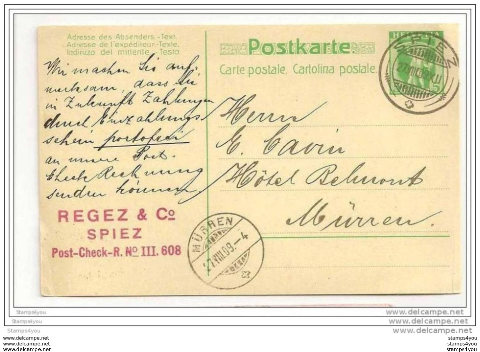 24 - 1 - Entier Postal Envoyé De Spiez à Mürren 1909 - Ganzsachen