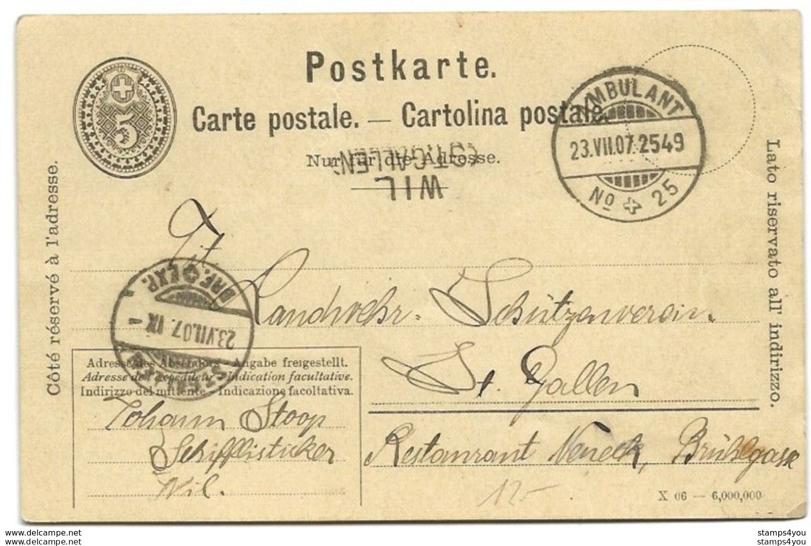 5 - 4 - Entier Postal Avec Cachets Ambulant Et St Gallen - Cachet Linéaire Wil 1907 - Postwaardestukken