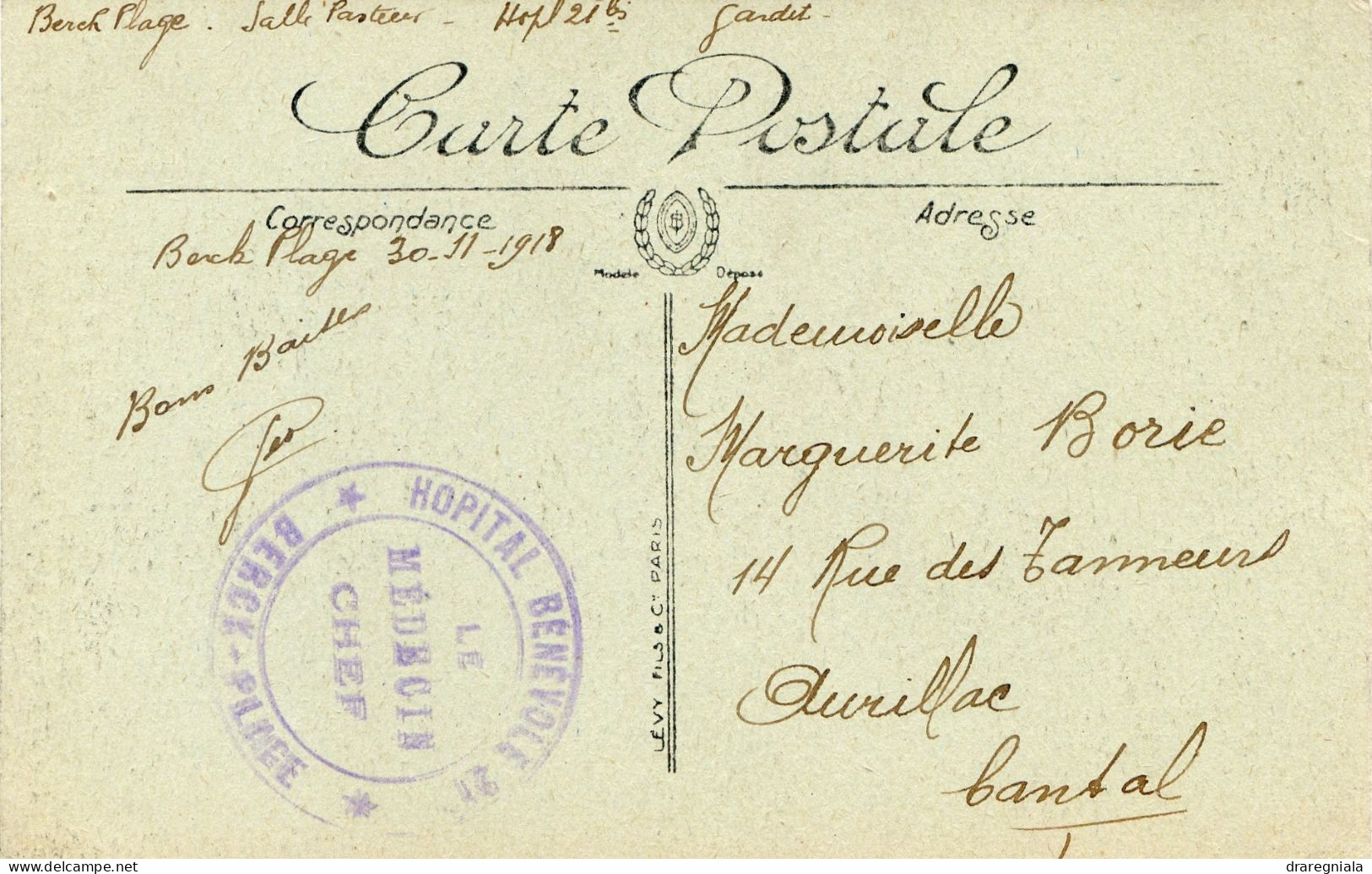 Cachet Hôpital Bénévole 21 Berck Plage - Cpa Notre Dame Des Flots - 1918 - Aurillac - Guerre De 1914-18