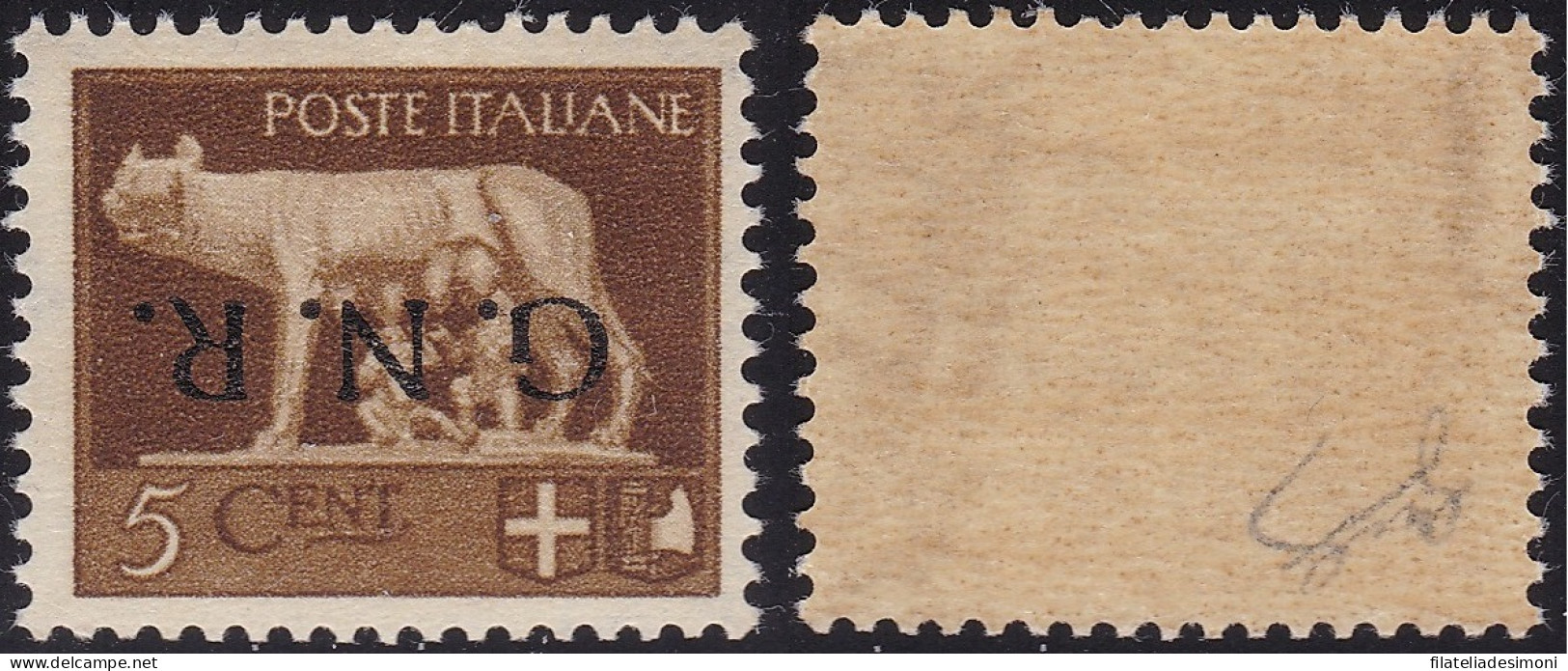 1944 Repubblica Sociale Italiana, N. 470a 5c. Bruno Sovrastampa Capovolta Siglato Biondi - Andere & Zonder Classificatie