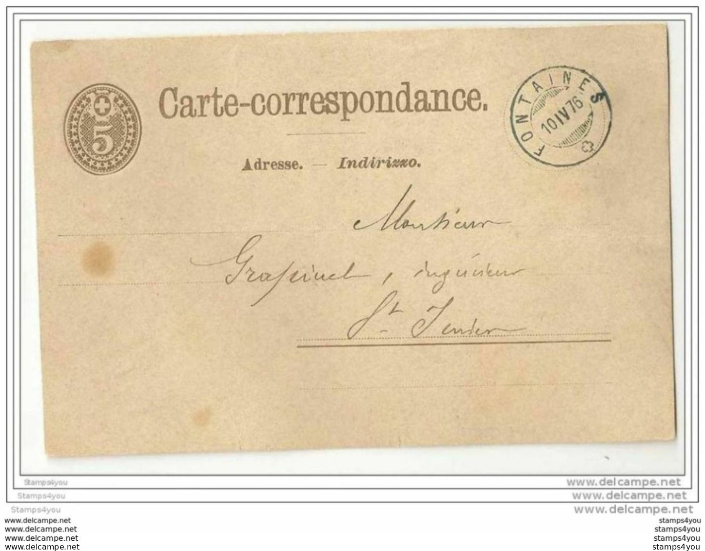 45 - 45 - Entier Postal Suisse - Superbe Cachet à Date De Fontaines 1876 - Au Dos Cachet St Imier - Entiers Postaux
