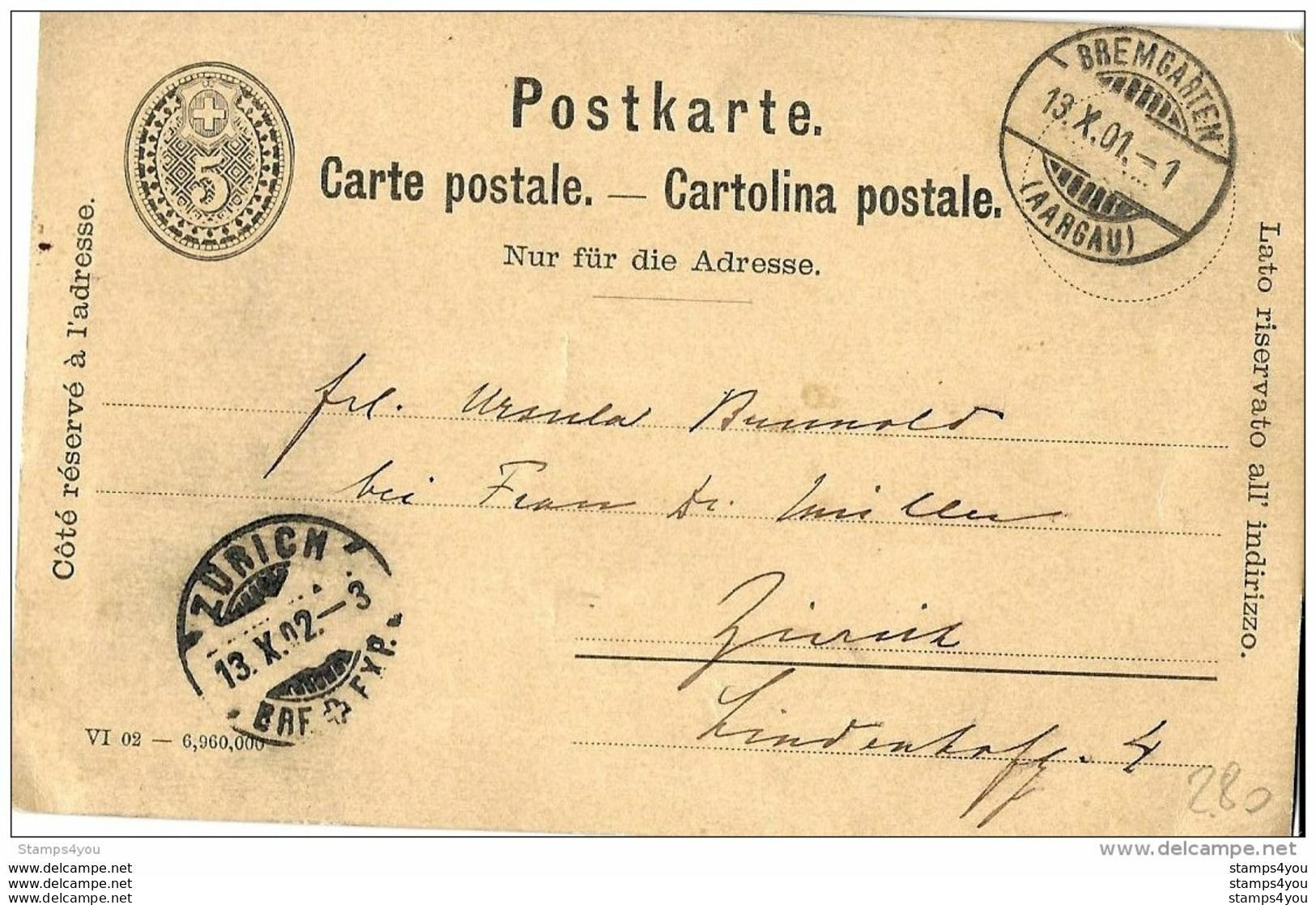 45 - 58 - Entier Postal Avec Cachets à Date De Bremgarten Et Zürich 1901 - Enteros Postales