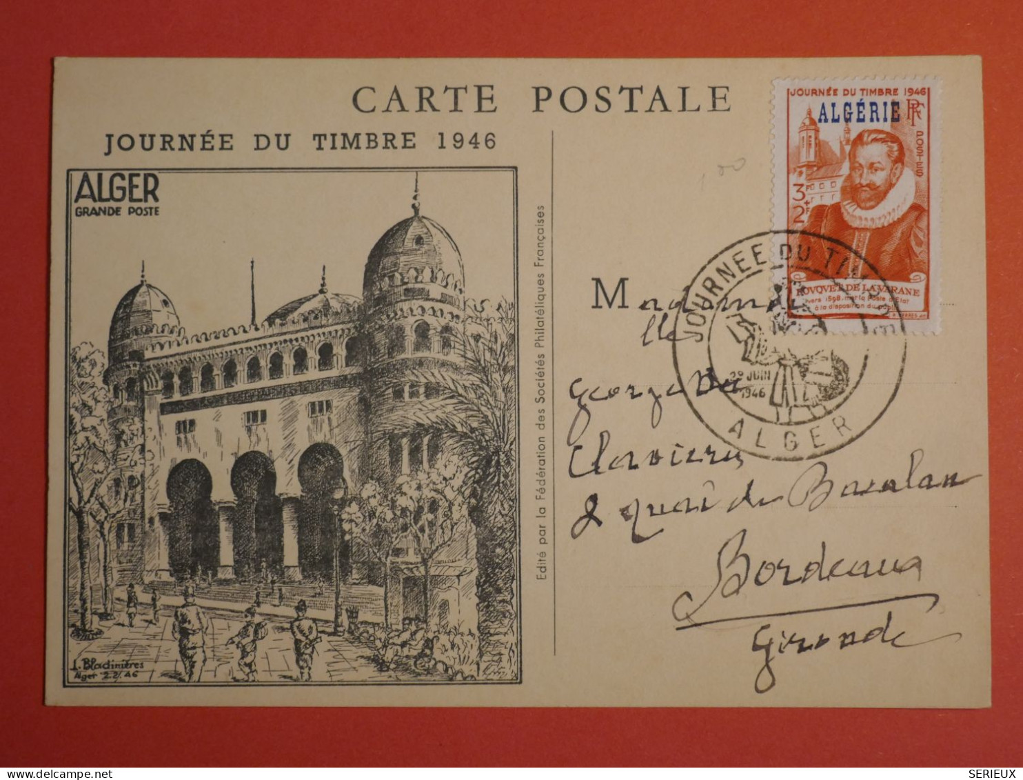 DO 1  ALGERIE  BELLE  CARTE MAXI   1946   ALGER A BORDEAUX  FRANCE  + + AFF. INTERESSANT +++ - Maximum Cards