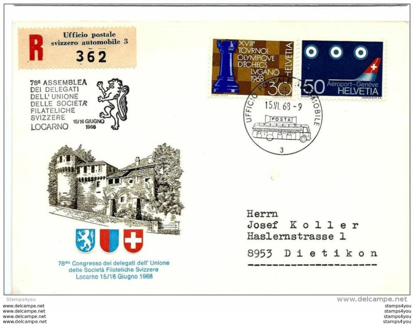 166 -1 Enveloppe  Recommandée Avec Oblit Spéciale "Conresso Del Delegati Dell'Unione Delle Societa Filateliche Svizzera" - Marcofilia