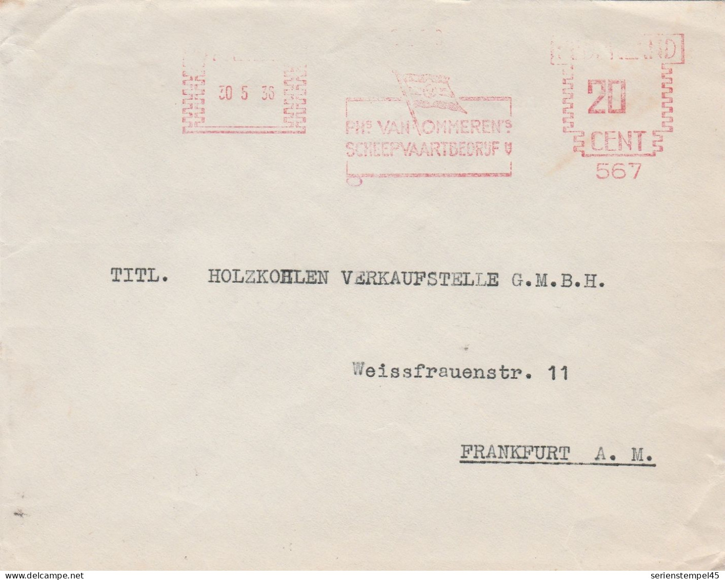 Niederlande Brief Mit Freistempel Phs Van Ommeren's Scheepvaartbedrijf NV Rotterdam 1936 20 Cent - Maschinenstempel (EMA)