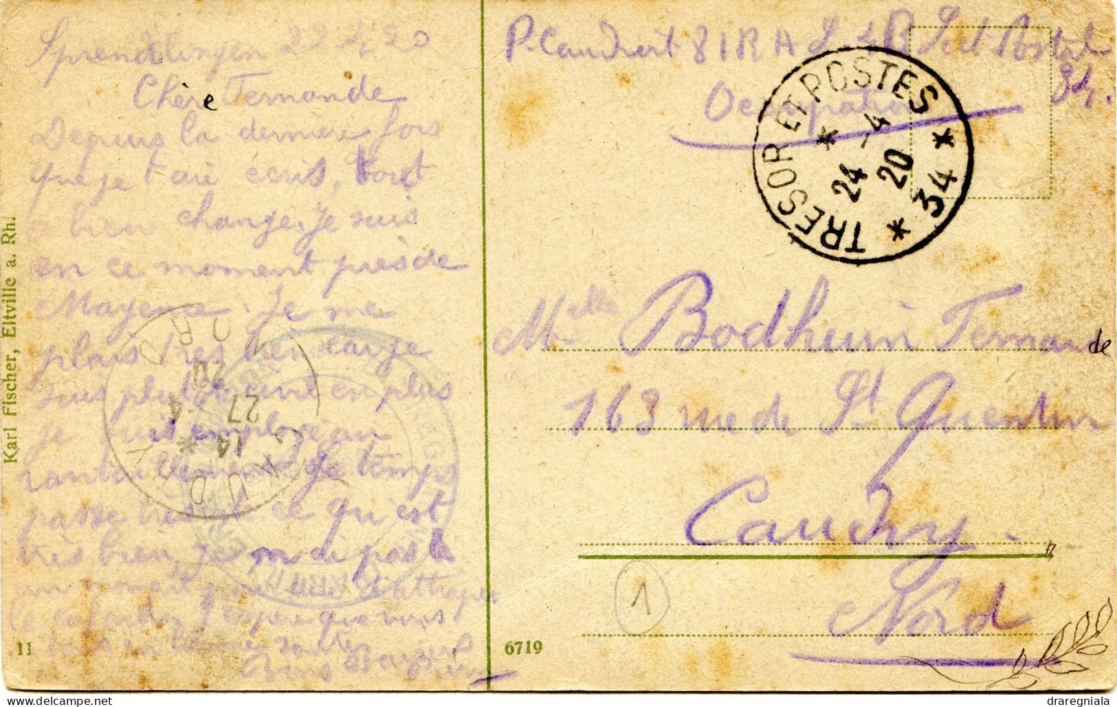 Cachet Trésor Et Poste 34 Et Régiment D'artillerie Cad 24 4 1920 - Cauchy -  Bad Kreunach Gefamtanficht - Guerra De 1914-18