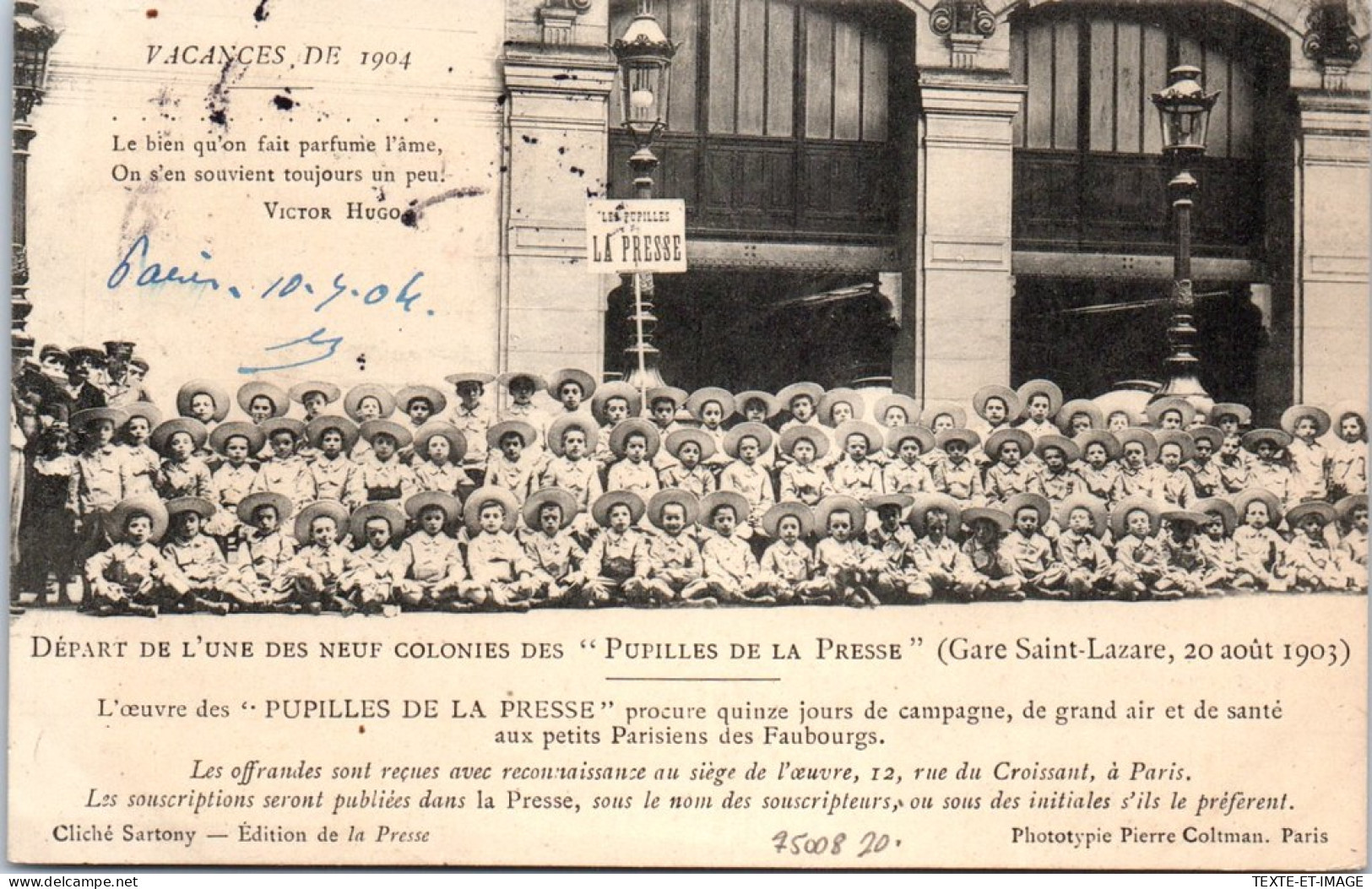 75008 PARIS - Les Pupille De La Presse Gare St Lazare 1903 - Distretto: 08
