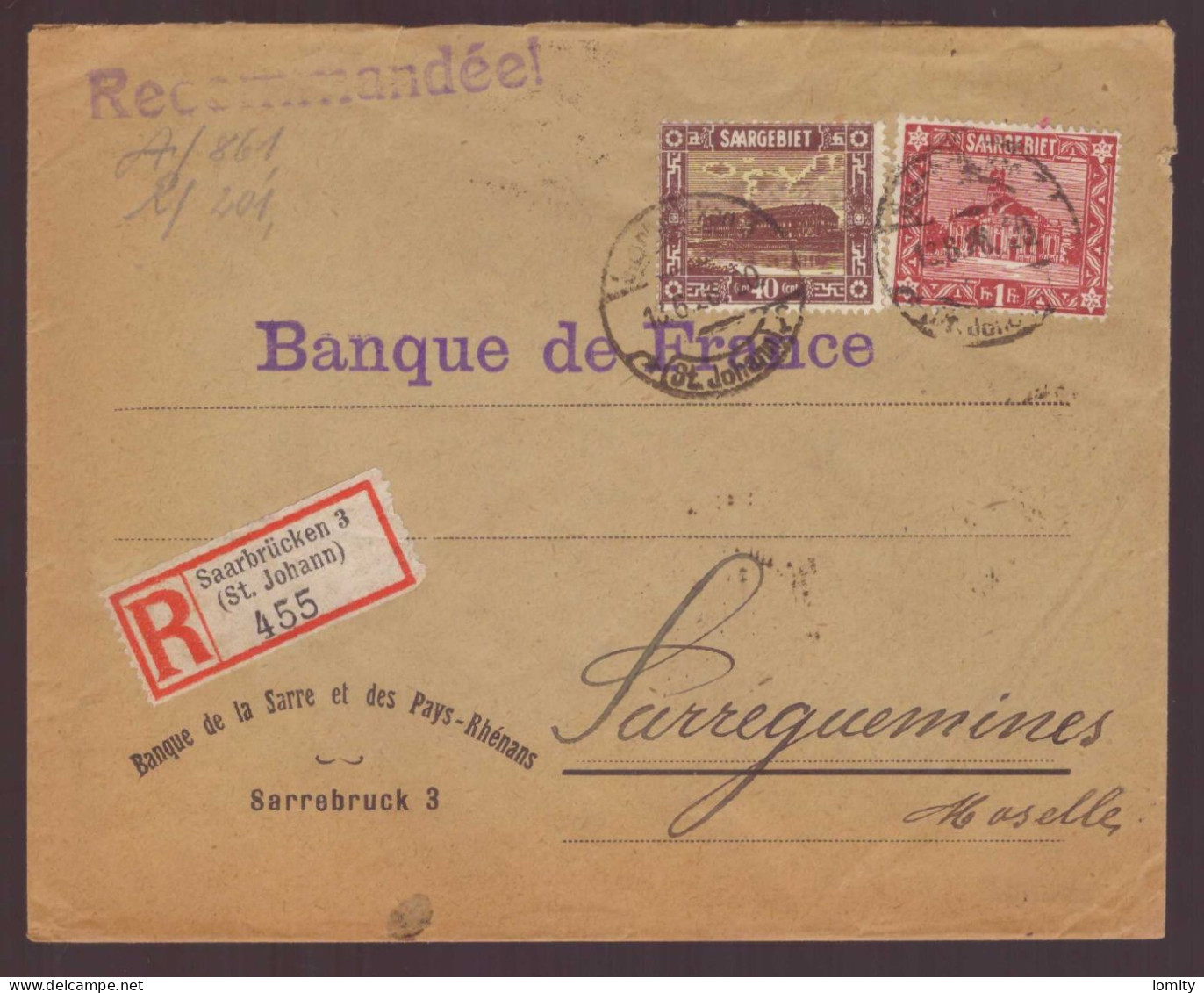 Sarre Lettre Recommandée Brief Pli Recommandé Saarbrucken St Johann Pour Banque De France Sarreguemines Timbre N°93 97 - Briefe U. Dokumente