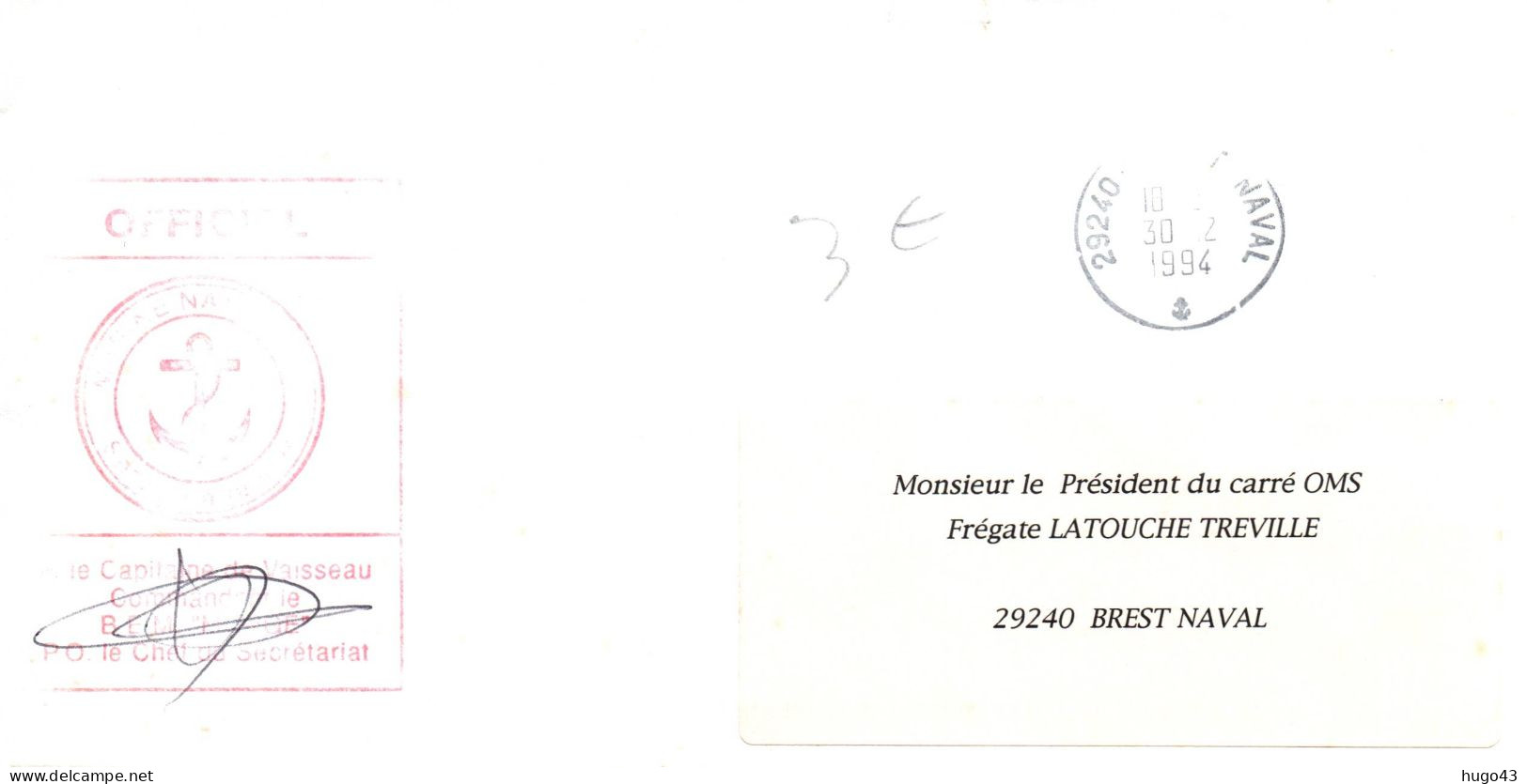 ENVELOPPE AVEC CACHET DU B.E.M. MONGE LE 30/02/1994 - SIGNATURE - BREST NAVAL - Seepost