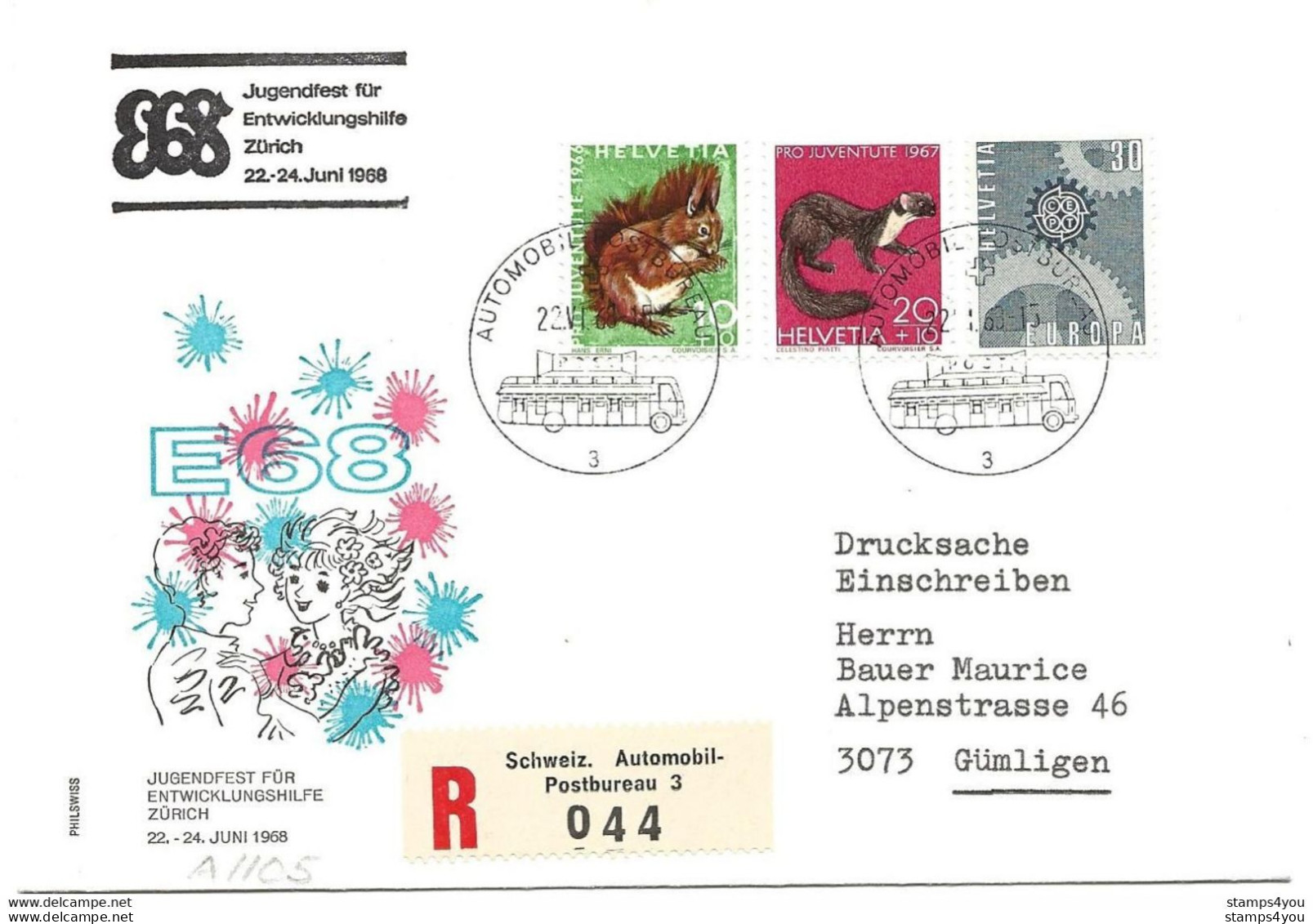 270 - 64 - Enveloppe Recommandée Avec Oblit Spéciale "Jugenfest Für Entwicklungshilfe Zürich 1968" - Marcofilie