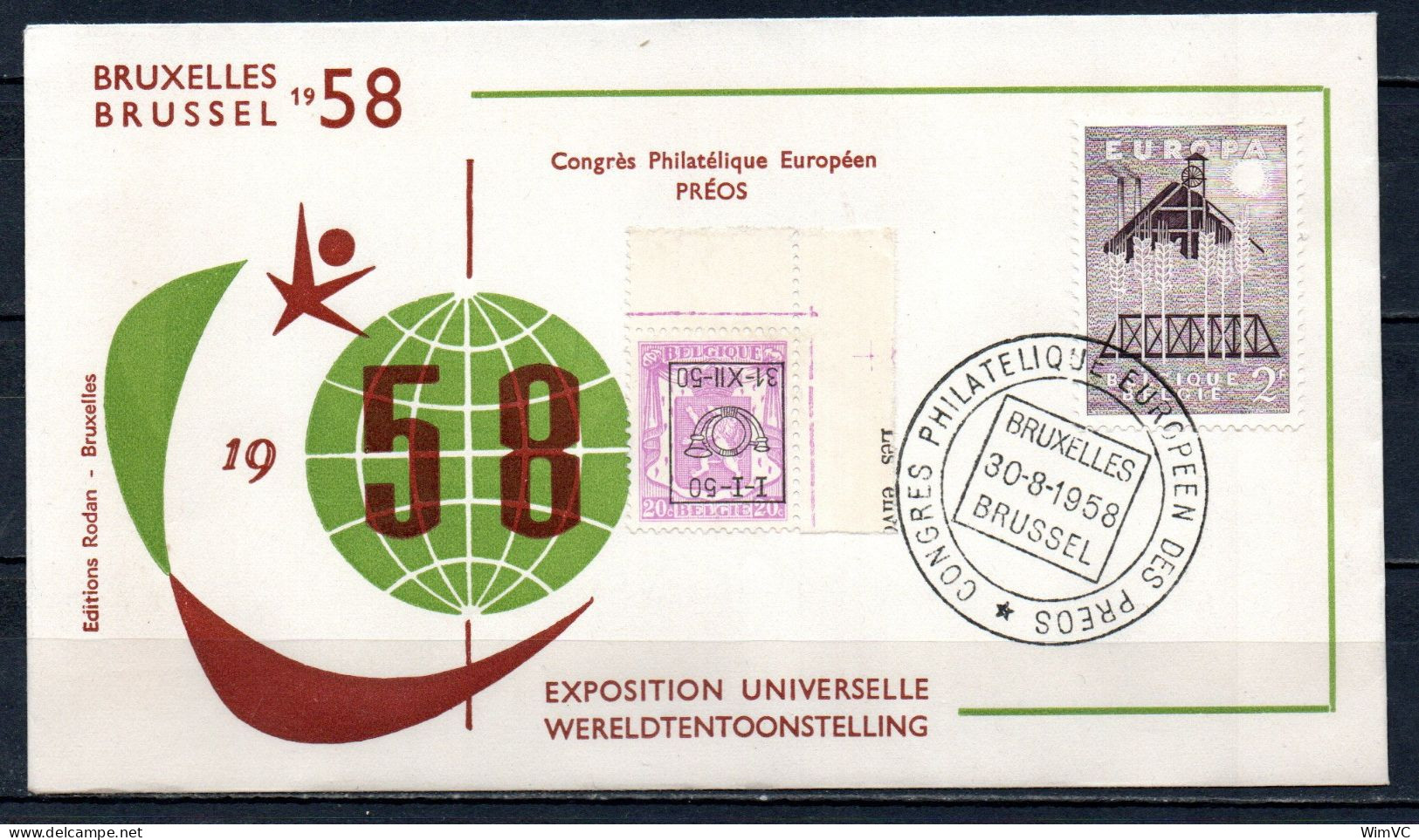 PRE 601-Cu Op FDC Congres Philatelique Europeen Des Preos - Bruxelles - Brussel 1958 - Cote 40,00 - Tipo 1936-51 (Sigillo Piccolo)