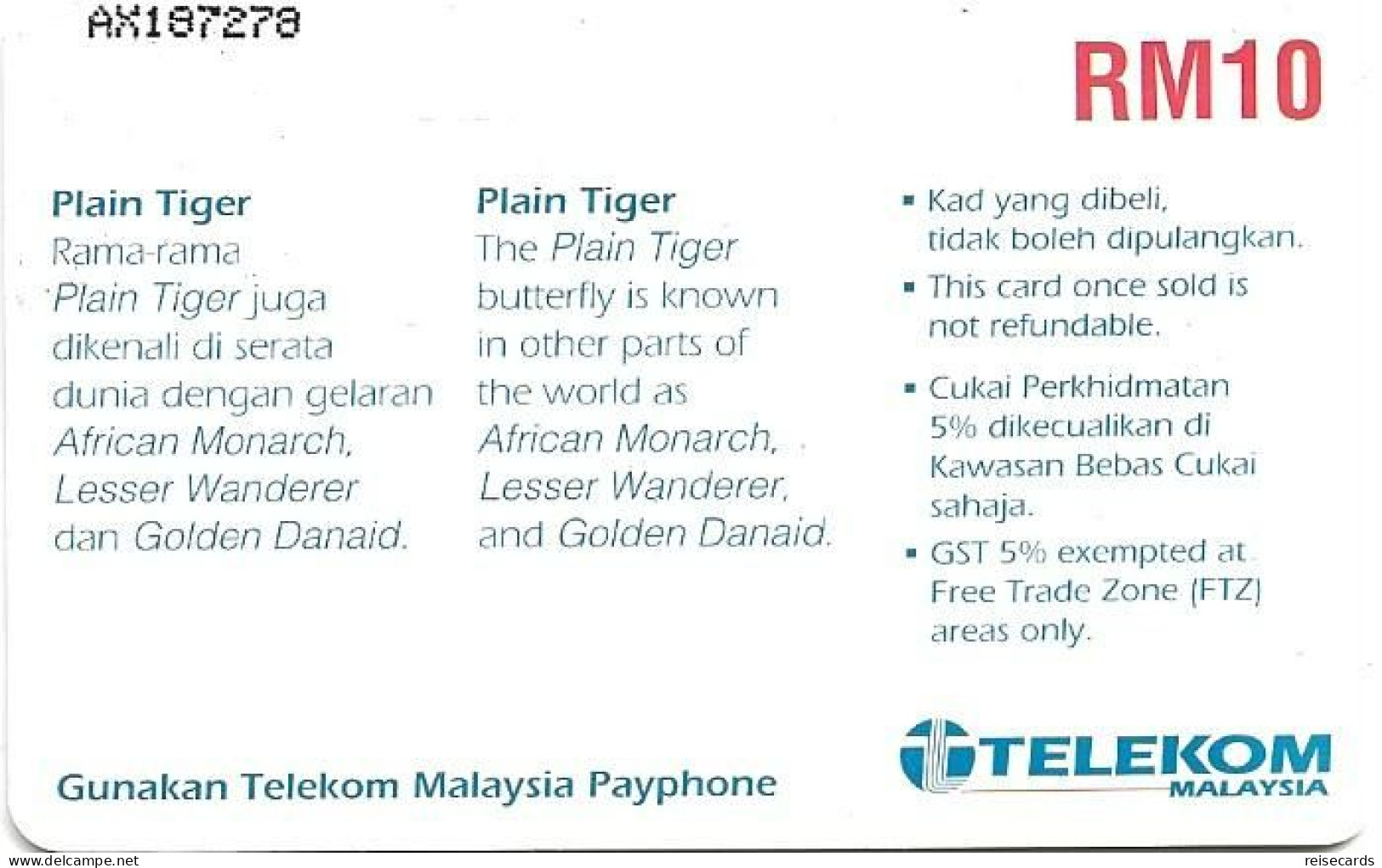 Malaysia: Telekom - Butterfly Plain Tiger - Malesia