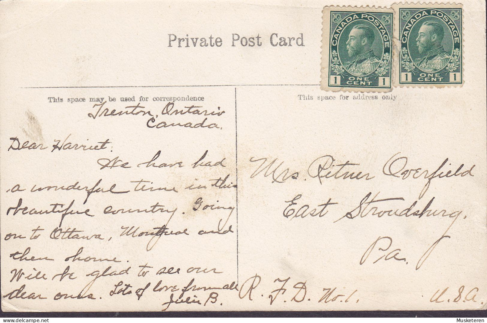 Canada CPA The Presbytery, Trenton. 2x George V. Uncancelled Stamps (2 Scans) - Otros & Sin Clasificación