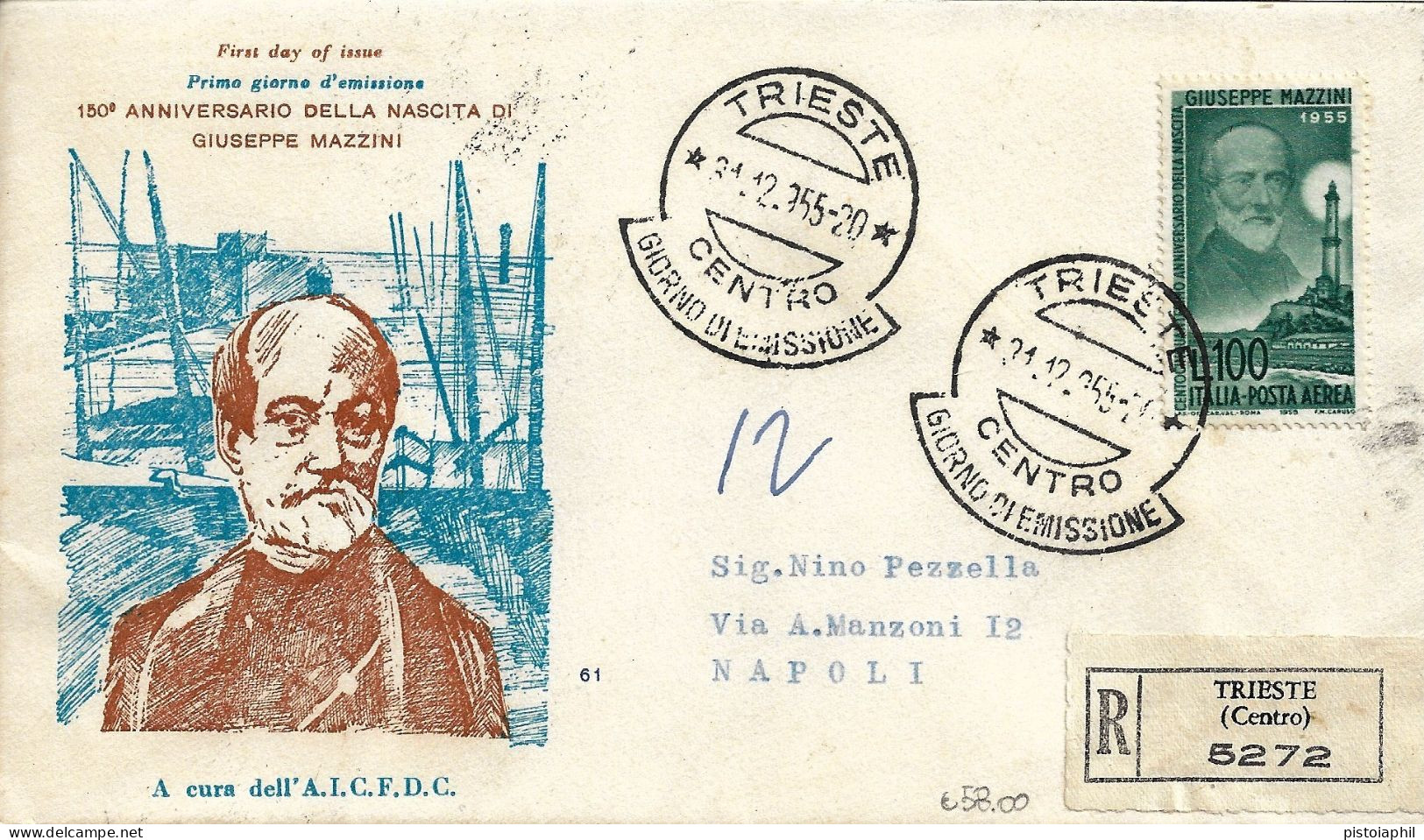 Fdc AICFDC/Italia: GIUSEPPE MAZZINI Posta Aerea 1955; Raccomandata; AF_Trieste - FDC