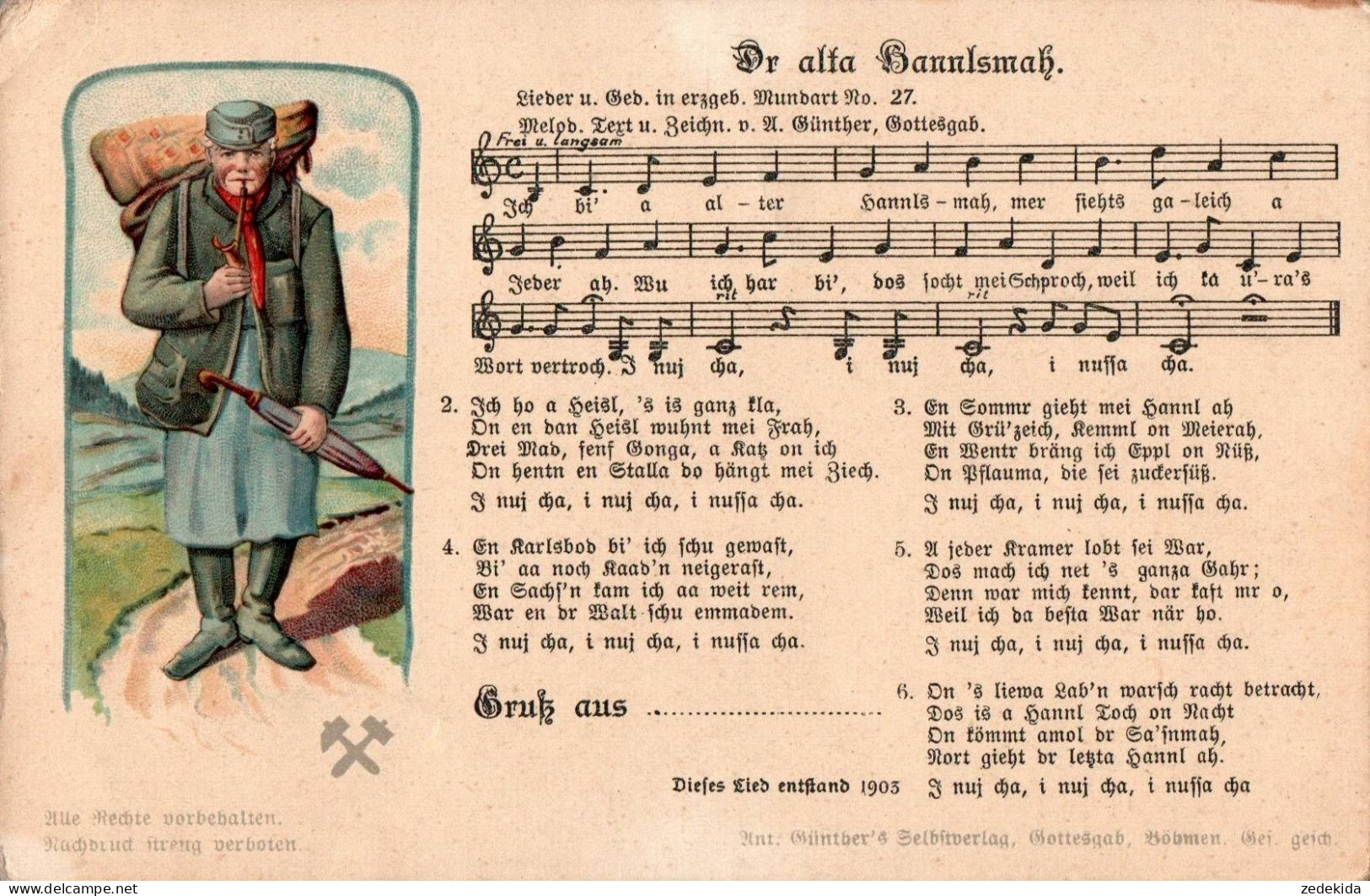 H2067 - Litho Anton Günther Liedkarte - Dr. Alta Hannlsmah ....Gottesgab Böhmen - Musique Et Musiciens