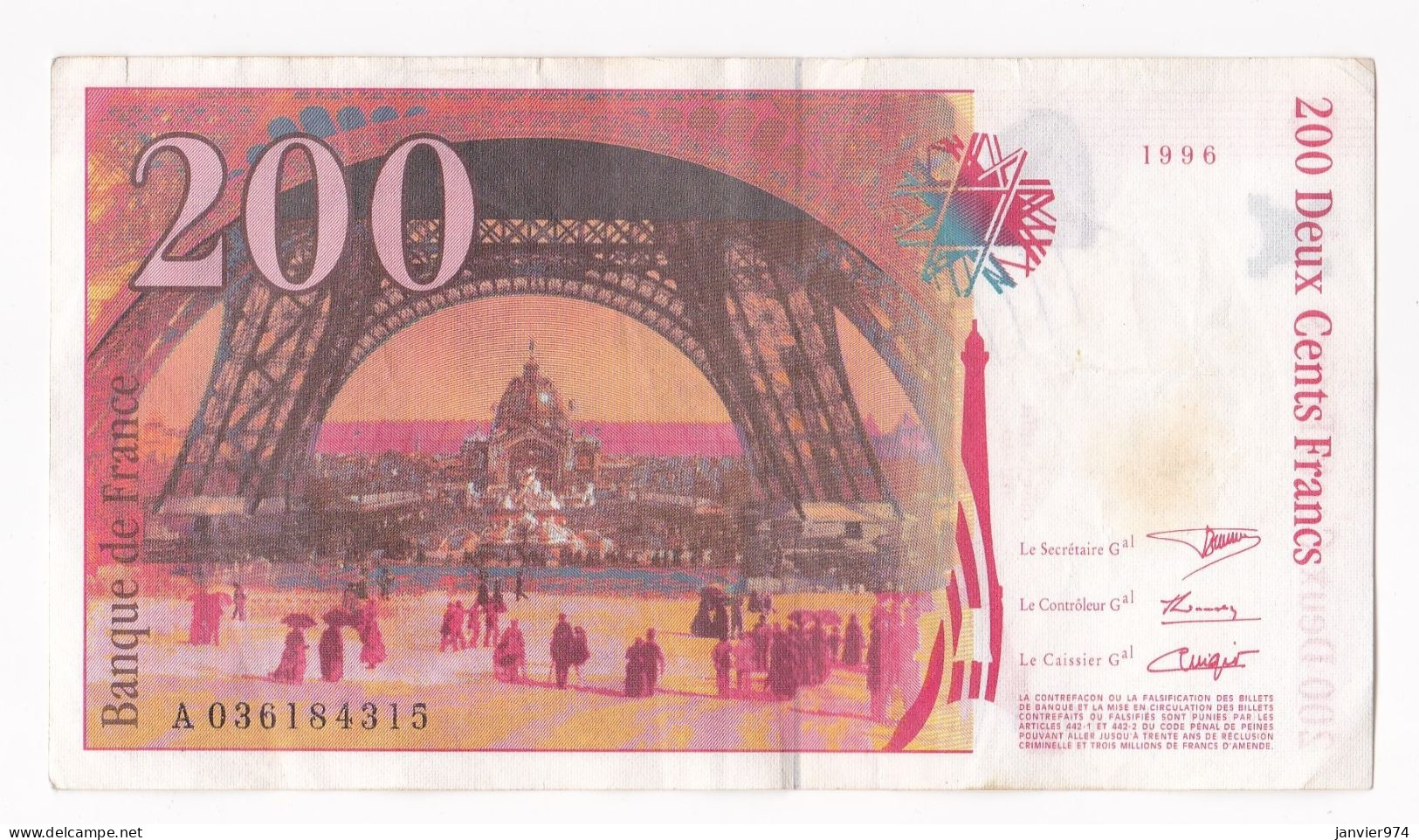 200 Francs Eiffel 1996, Alphabet : A 036184315, Tres Beau Billet - 200 F 1995-1999 ''Eiffel''