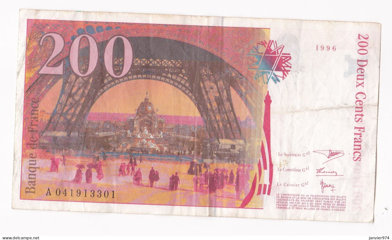 200 Francs Eiffel 1996, Alphabet : A 041913301, Tres Beau Billet - 200 F 1995-1999 ''Eiffel''