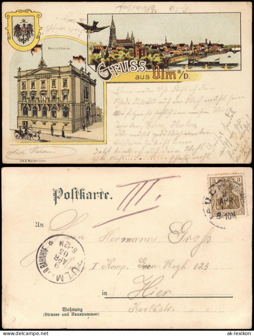 Ansichtskarte Litho AK Ulm A. D. Donau 2 Bild Reichsbank, Totale 1905 - Ulm