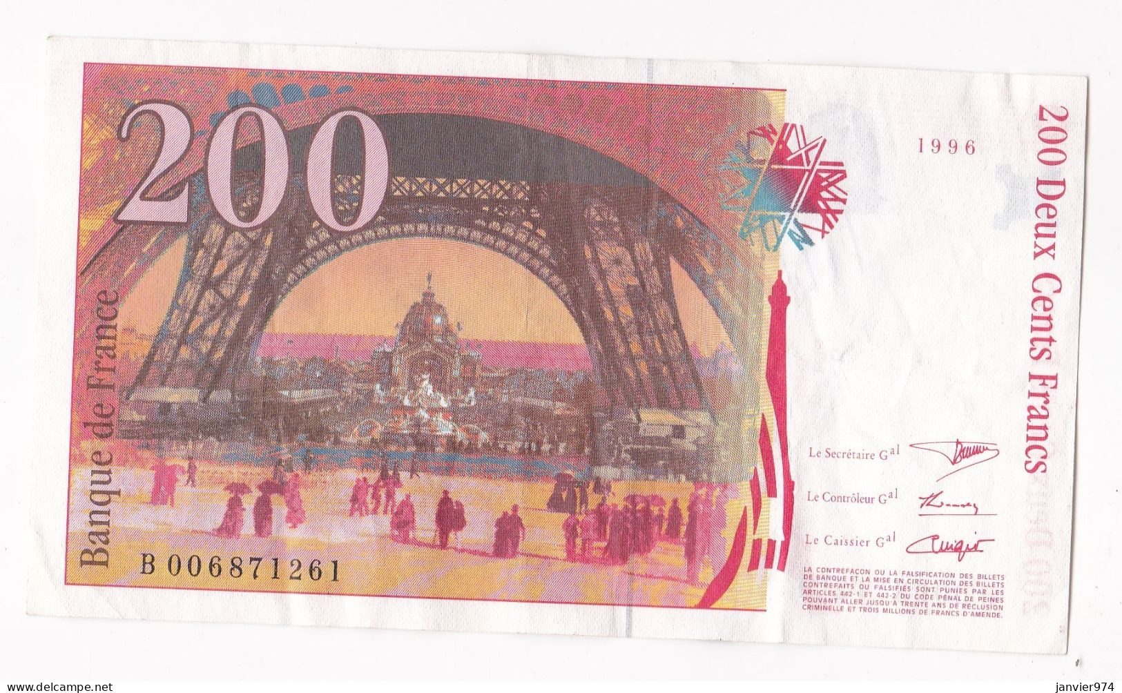 200 Francs Eiffel 1996, Alphabet : B 006871261, Tres Beau Billet - 200 F 1995-1999 ''Eiffel''