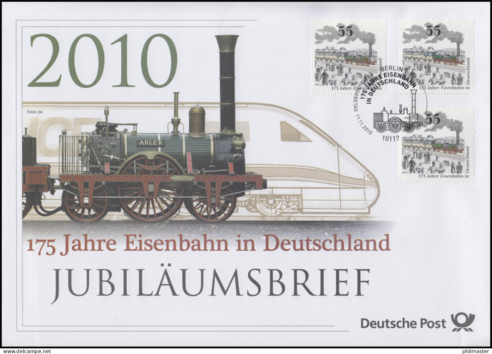 2833 Dampflok Adler & 175 Jahre Eisenbahn In Deutschland 2010 - Jubiläumsbrief - Andere & Zonder Classificatie