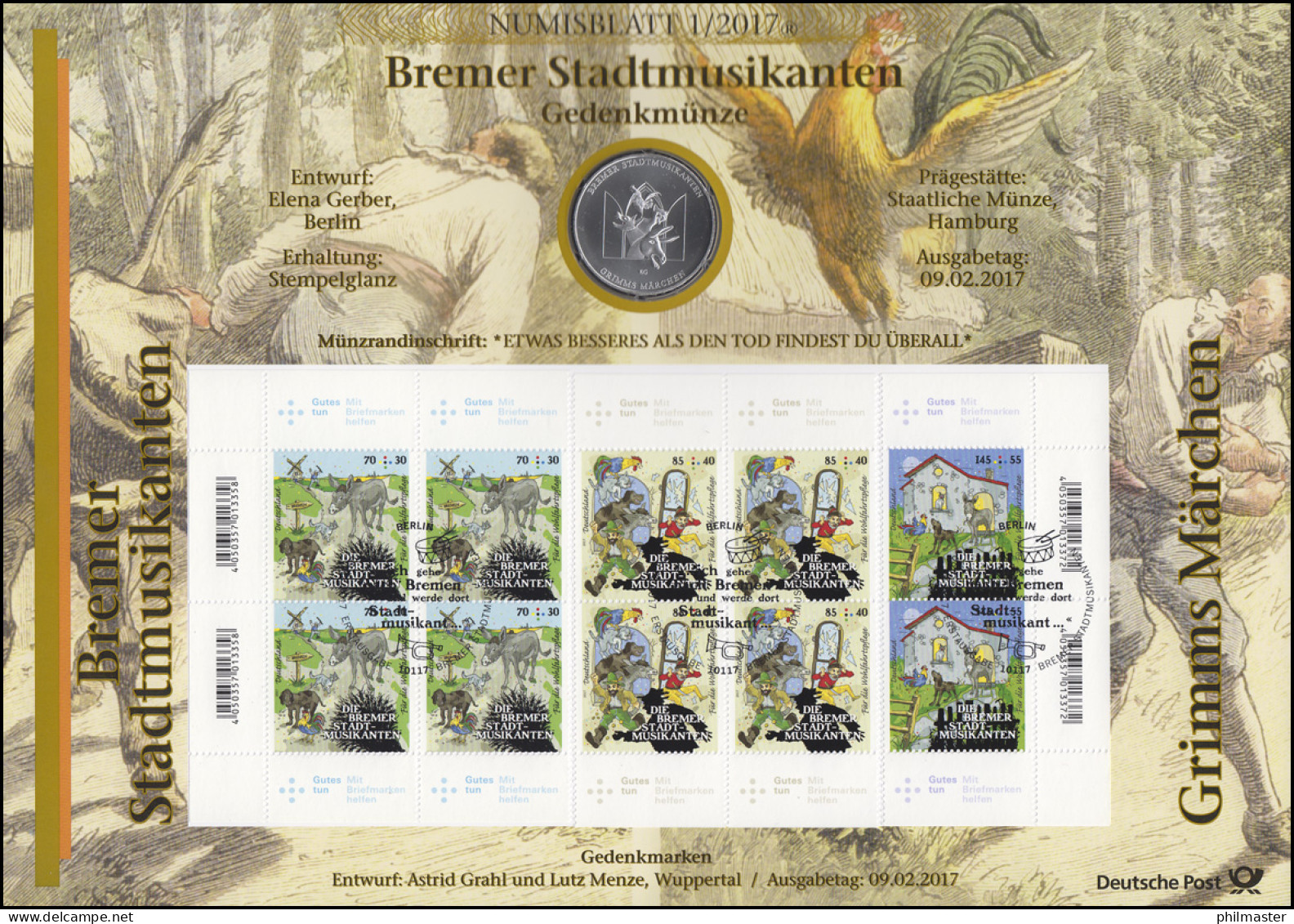 3282-3284 Grimms Märchen: Die Bremer Stadtmusikanten - Numisblatt 1/2017 - Sobres Numismáticos