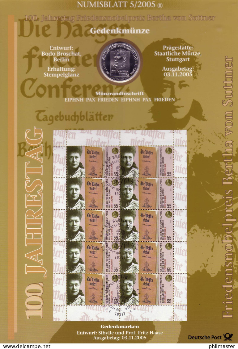 2495 Schriftstellerin Bertha Von Suttner - Numisblatt 5/2005 - Numismatische Enveloppen