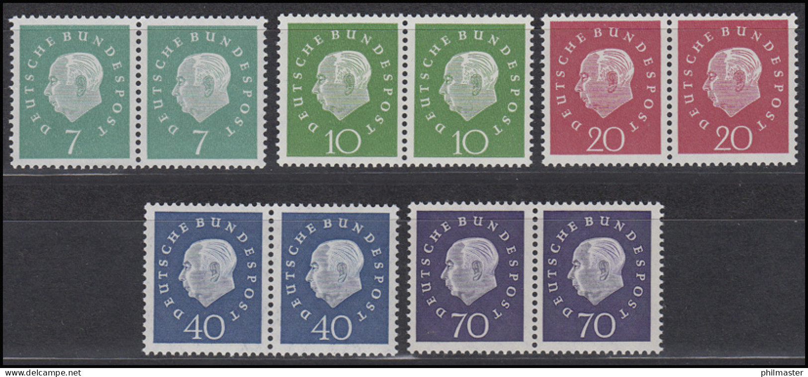 302-306 Heuss 5 Werte, Waagerechte Paare, Kompletter Satz Postfrisch ** - Unused Stamps