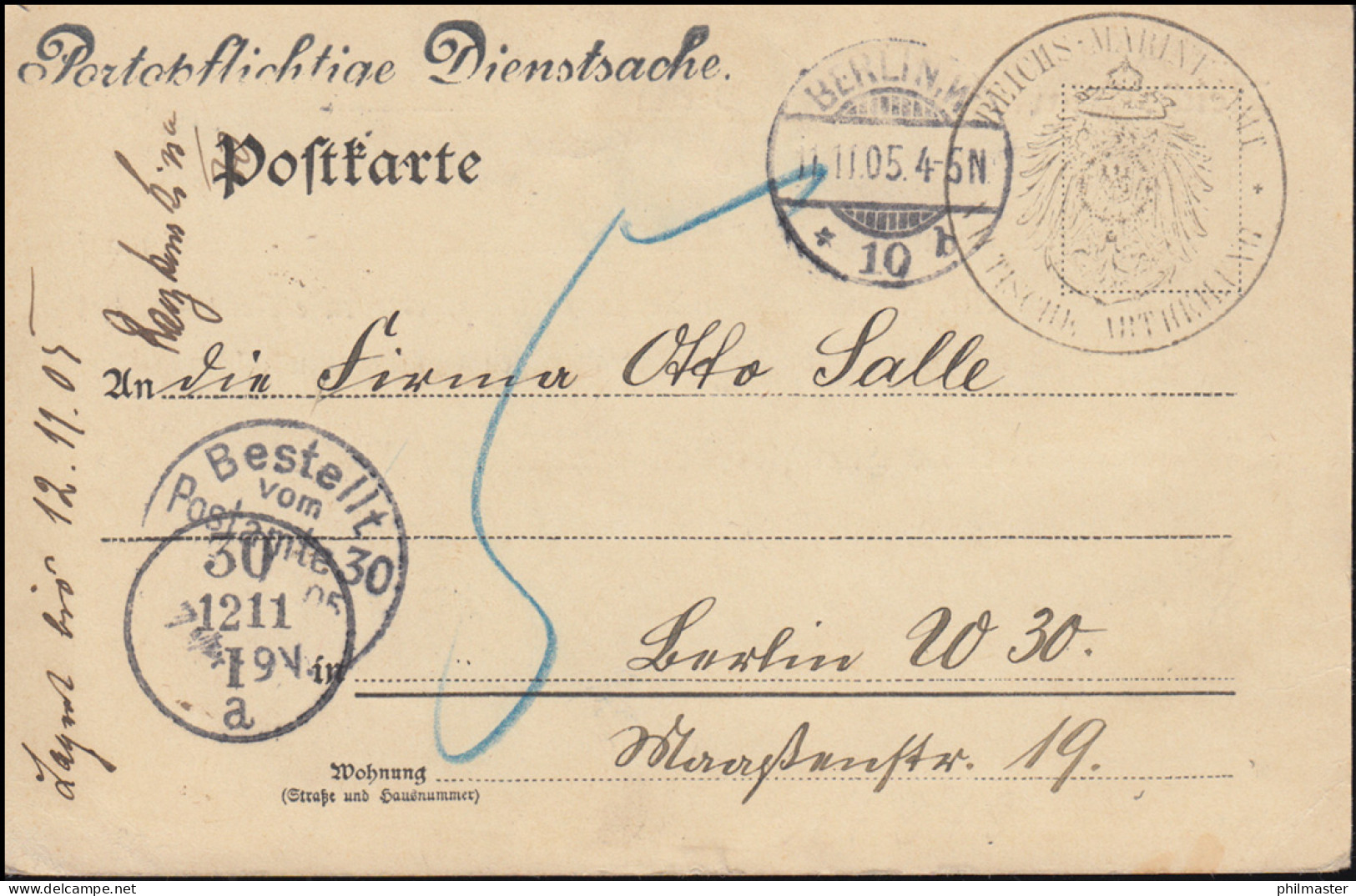 Dienstsache Reichs-Marine-Amt Als Orts-Postkarte BERLIN 11.11.1905  - Andere & Zonder Classificatie