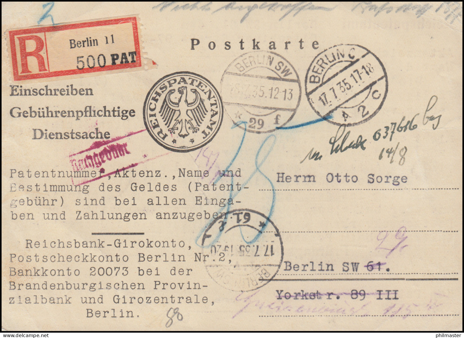 Gebührenspflichtige Dienstsache Als Orts-R-Postkarte Patentamt BERLIN C2-17.7.35 - Explorers