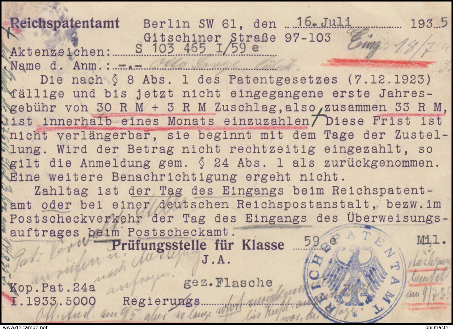 Gebührenspflichtige Dienstsache Als Orts-R-Postkarte Patentamt BERLIN C2-17.7.35 - Erforscher