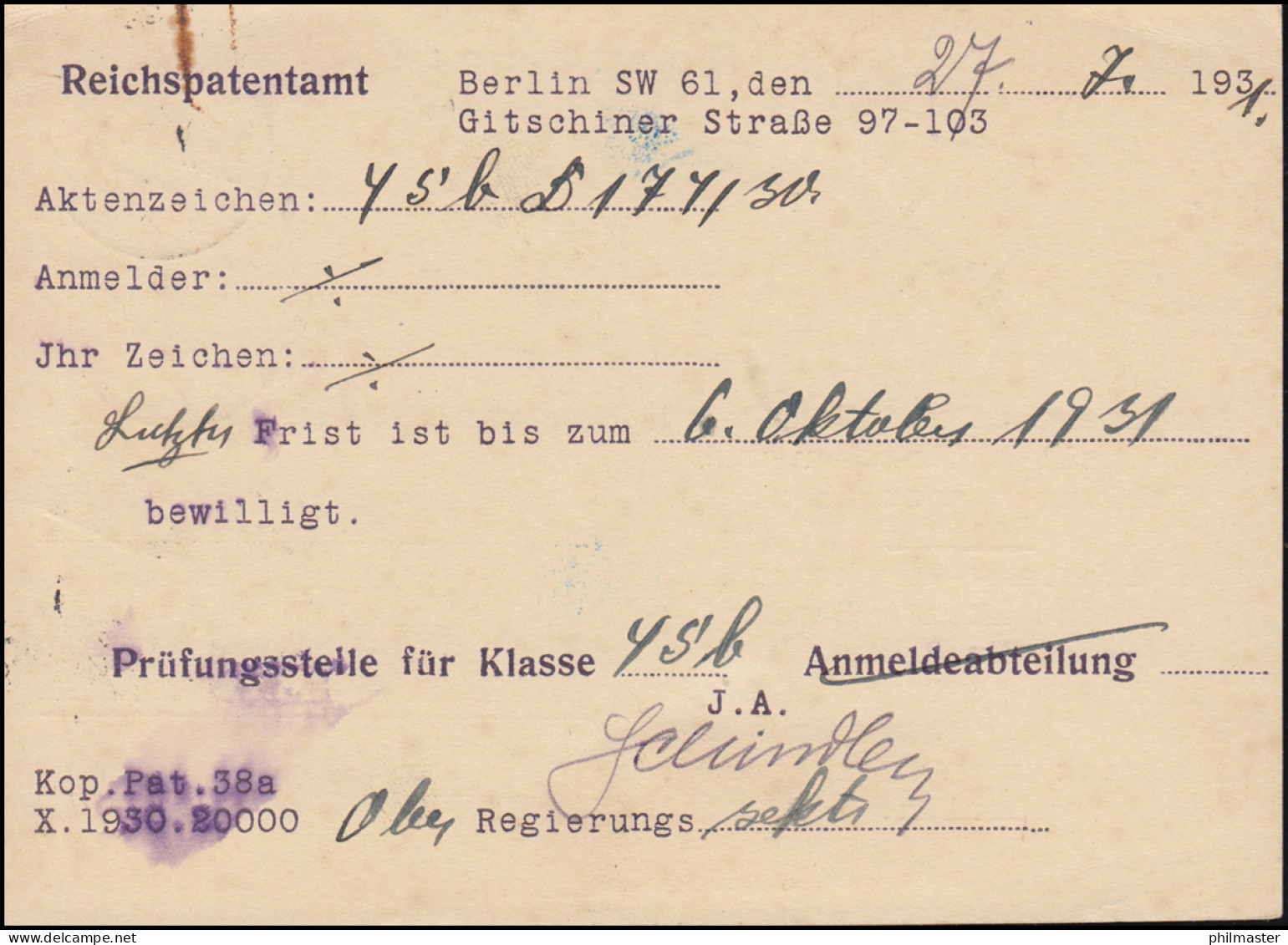 Gebührenpflichtige Dienstsache Reichspatentamt BERLIN 28.7.1931 Als R-Postkarte - Onderzoekers