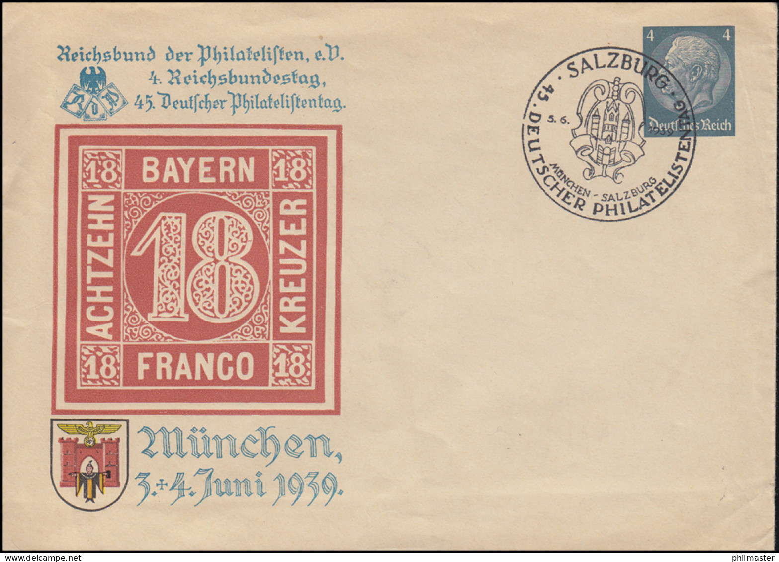 Privatumschlag PU 128 Deutscher Philatelistentag Passender SSt SALZBURG 5.6.1939 - Philatelic Exhibitions
