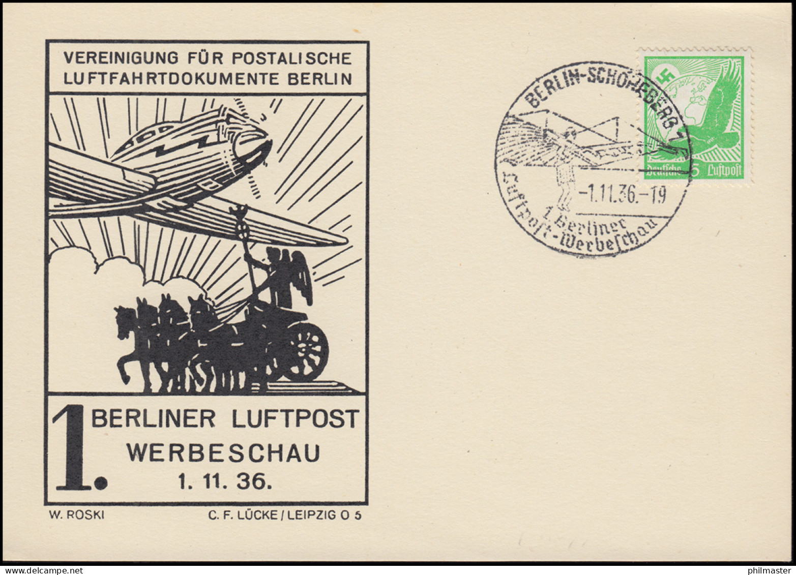 1. Berliner Luftpost-Werbeschau Schmuck-Postkarte Passender SSt BERLIN 1.11.1936 - Explorateurs