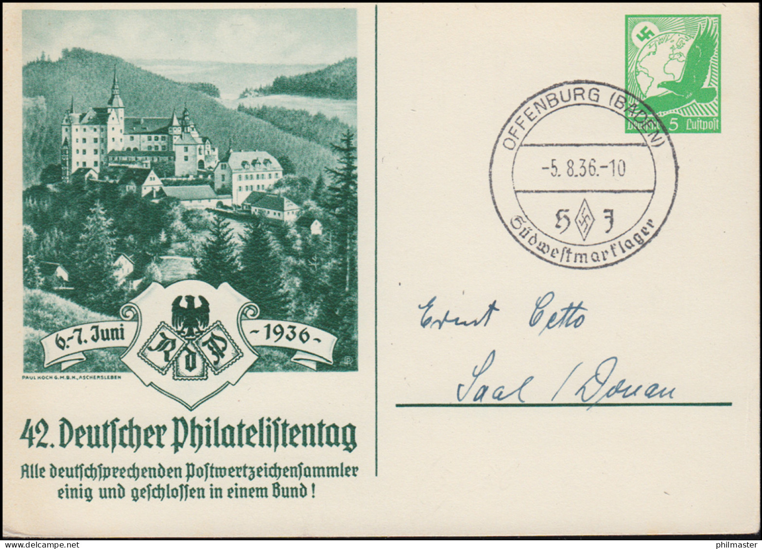 PP 142 Philatelistentag 1936 Mit SSt OFFENBURG (BADEN) Südwestmarklager 5.8.1936 - Briefmarkenausstellungen