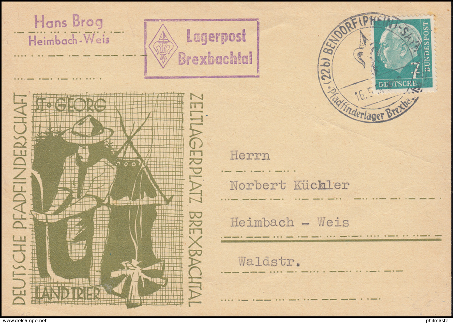 Pfadfinderschaft St. Georg Zeltlagerplatz Brexbachtal Postkarte SSt BENDORF 1956 - Other & Unclassified
