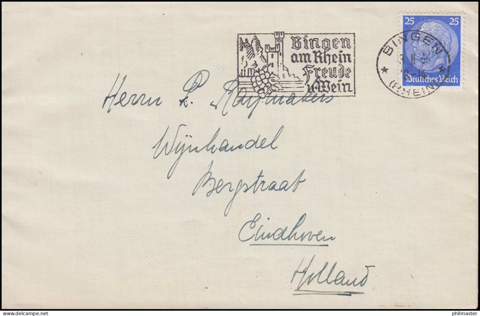 522 Hindenburg EF Auf Brief Werbe-O BINGEN Am Rhein Freude Und Wein 13.2.36 - Altri & Non Classificati