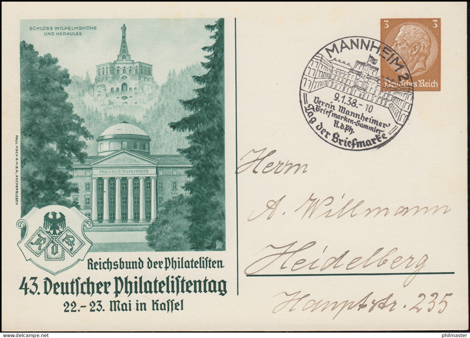 PP 122 Philatelistentag Kassel SSt MANNHEIM Tag Der Biefmarke 9.1.1938 - Philatelic Exhibitions